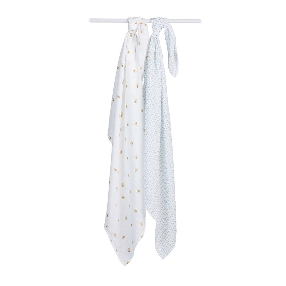 Lulujo - Cotton Muslin Swaddles 2 Pack - Bees + Blue Dots