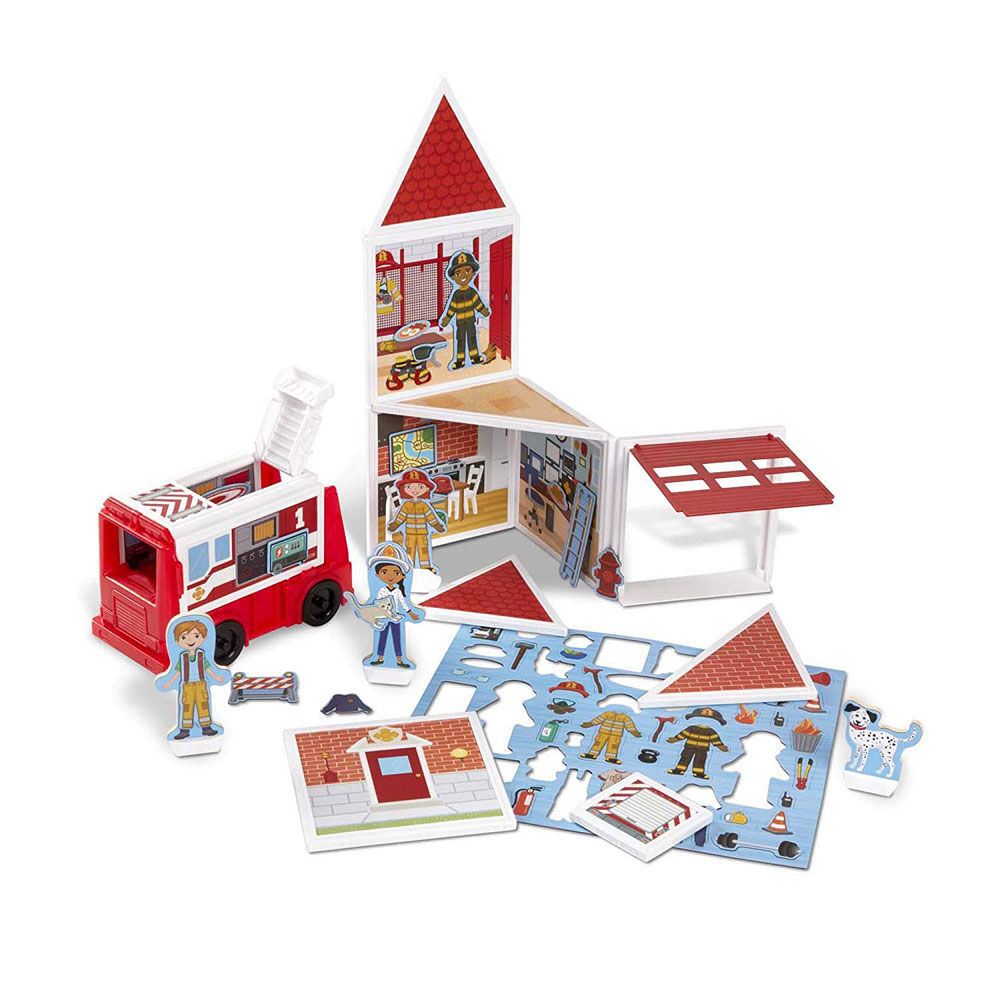Melissa Doug 74 Piece MAGNETIVITY Magnetic Building Play Set Fire Station with Fire Truck Vehicle