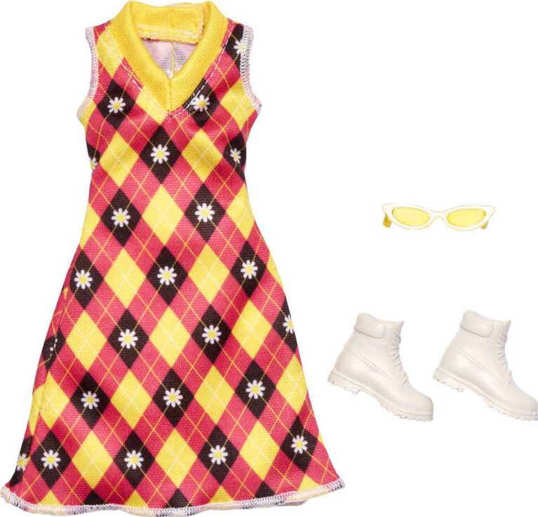 Barbie Fashion Pack of Doll Clothes, Complete Look Set with Argyle Dress and Accessories