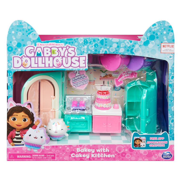 DreamWorks, Gabby's Dollhouse, Bakey with Cakey Kitchen avec figurine et 3 accessoires, 3 meubles et 2 boîtes surprises