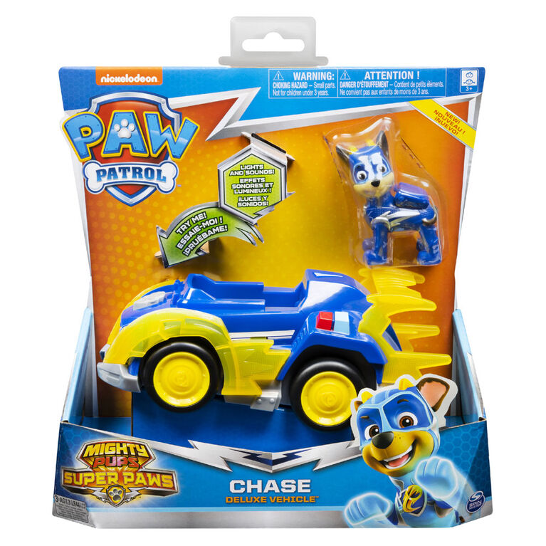 PAW Patrol, Mighty Pups Super PAWs, Véhicule de luxe de Chase avec effets sonores et lumineux