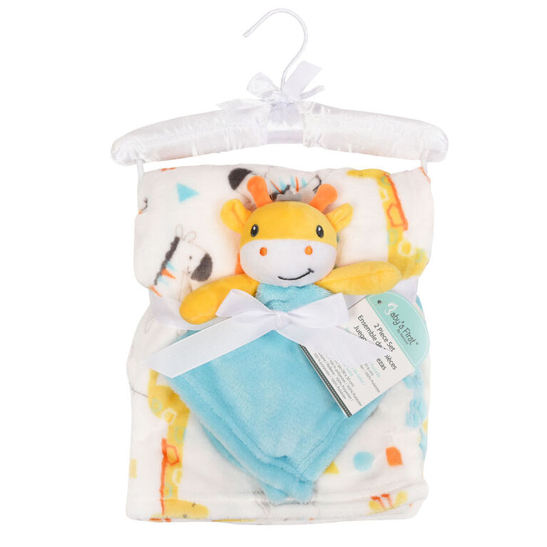 Baby's First By Nemcor 2 Piece Set- Giraffe with Zoo Animal Design Blanket