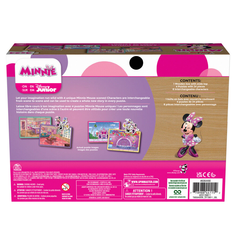 Minnie Mouse, 24-Piece Jigsaw Puzzles 4-Pack Bundle with 8 Interchangeable Minnie Mouse Character Pieces and Wooden Slide Box