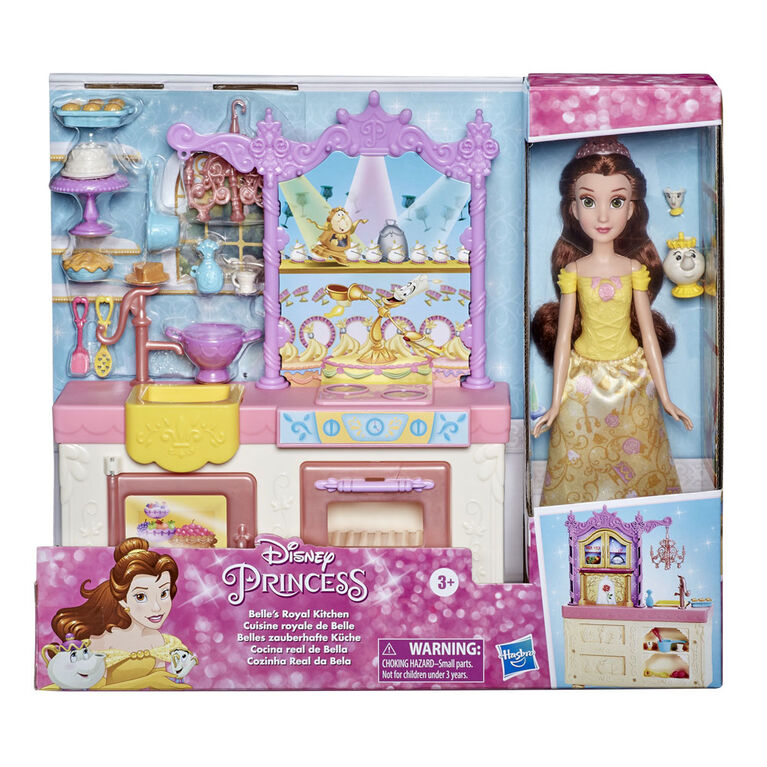 Disney Princess, Cuisine royale de Belle, poupée mannequin et jeu avec 13 accessoires, Mme Samovar et Zip