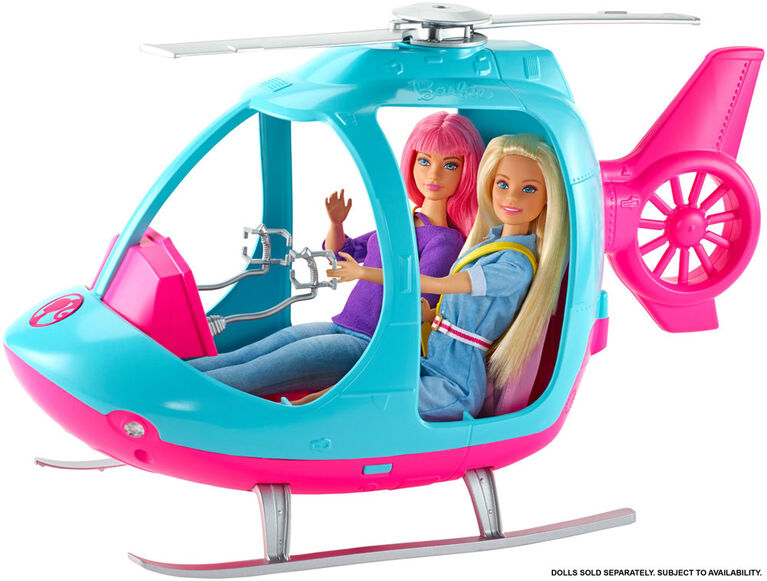 Hélicoptère Barbie, rose et bleu avec hélice qui tourne