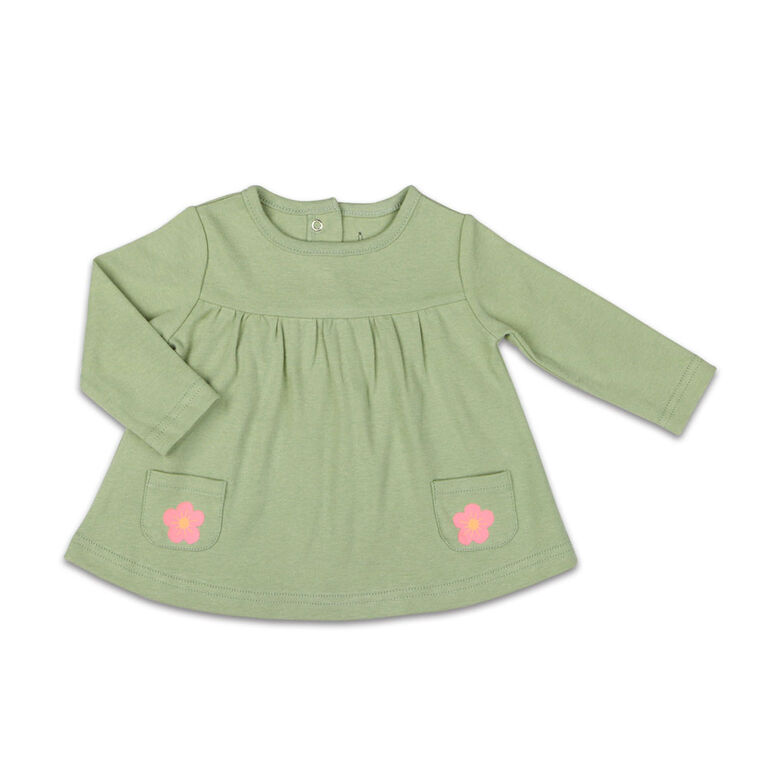 The Peanutshell Baby Girl Layette Mix & Match Sage Flower Long Sleeve Shirt with Pocket - 9-12 Months