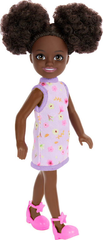 Barbie Chelsea Doll, Small Doll Wearing Removable Purple Floral Dress with Space Buns & Brown Eyes