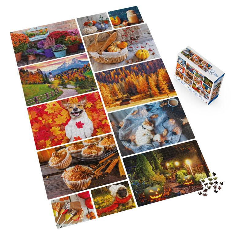 Coffret de 12 puzzles, Feuilles d'automne, Paysage extérieur, 500, 300, 150 pièces