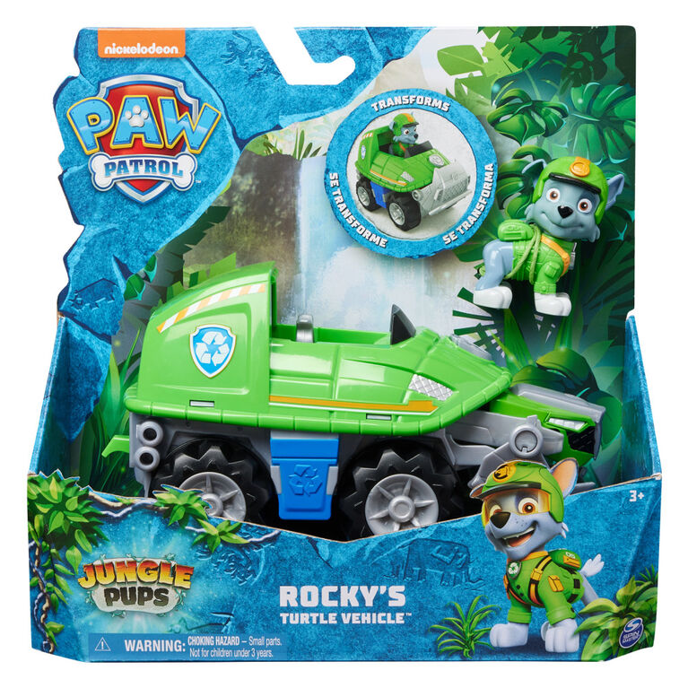 PAW Patrol Jungle Pups, Rocky's Turtle Vehicle, Camion avec figurine à collectionner