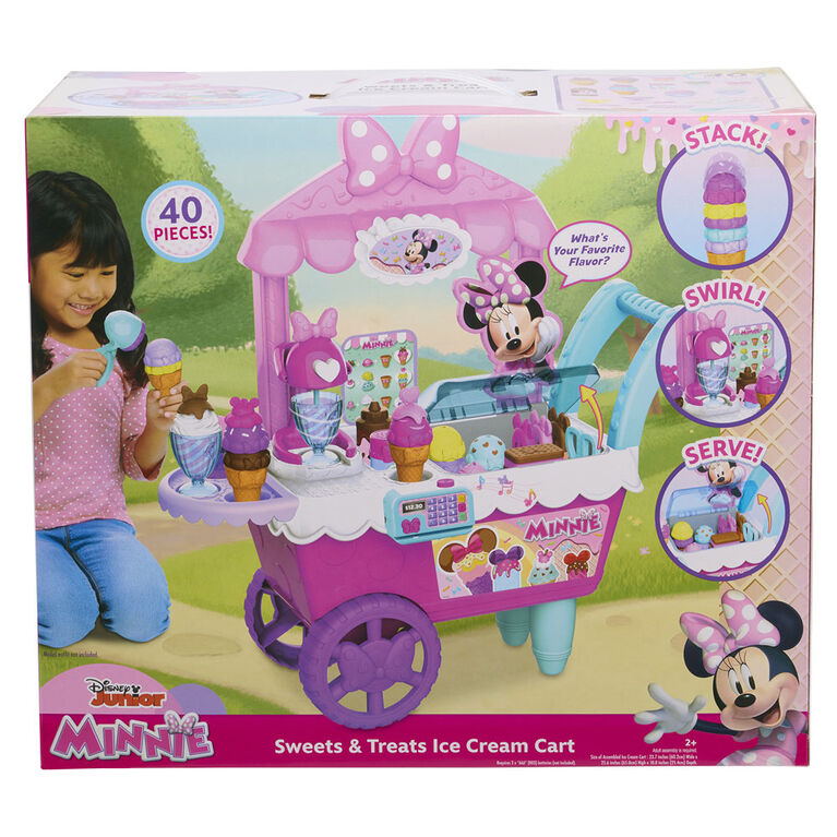 Le Chariot Roulant Crèmes Glacées de 60 cm (2 pieds) Sucreries et Friandises Disney Junior Minnie Mouse, 39 éléments, Ensemble de Jeu d'Aliments Pour Faire Semblant - Notre exclusivité