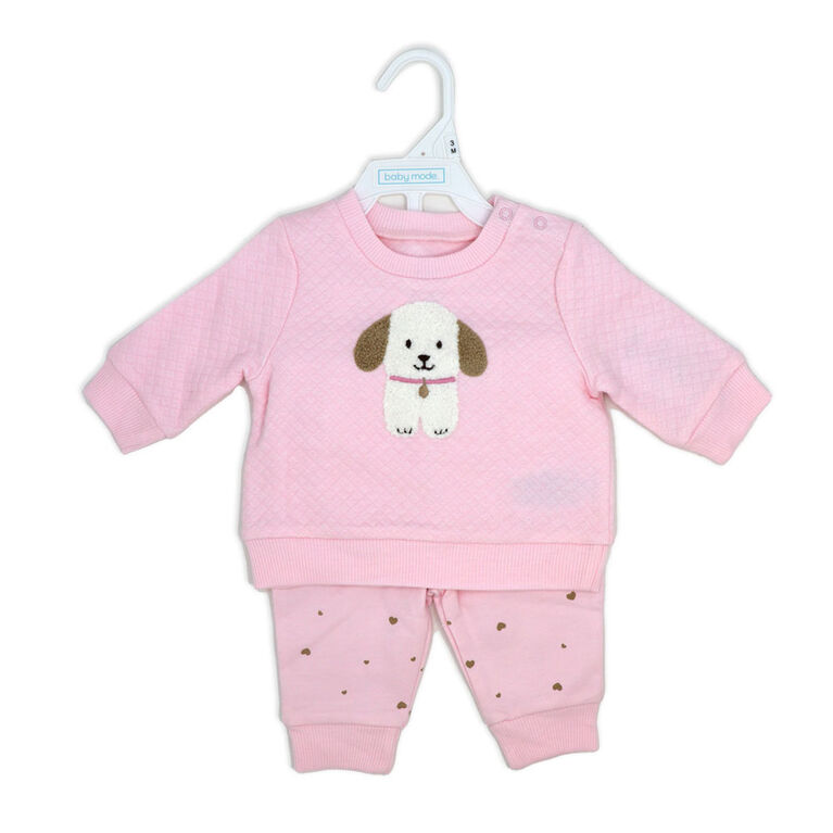 Baby Mode Quilted Top and Fleece Pant Set: Pink Puppy