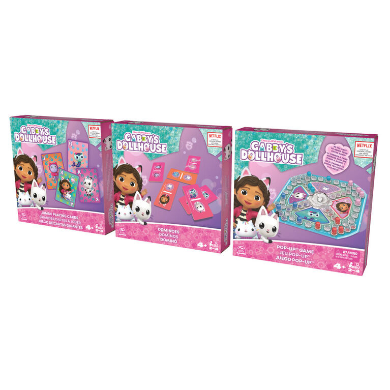 Gabby's Dollhouse 3 Game Bundle Gift Set, Pop-Up Game Dominoes Jumbo Playing Cards, Gabby's Dollhouse Toys Kids Games