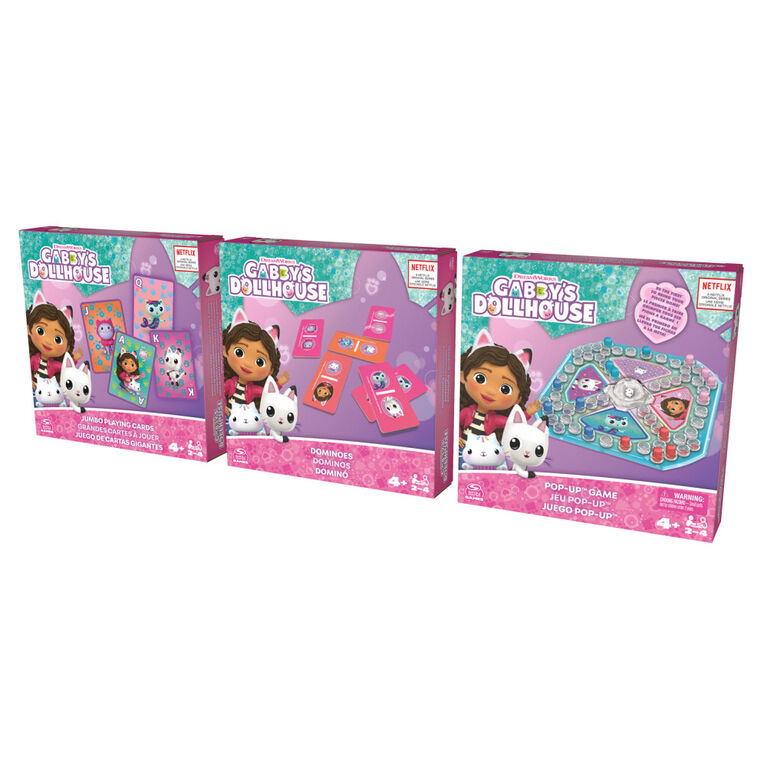 Gabby's Dollhouse, Coffret cadeau de 3 jeux, jeu Pop-Up, dominos, cartes géantes, jouets Gabby et la maison magique