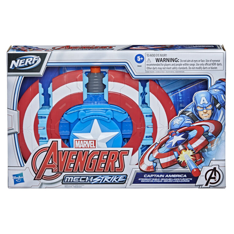 Marvel Avengers Mech Strike, Bouclier lance-fléchette de Captain America, jouet de déguisement, 3 fléchettes NERF