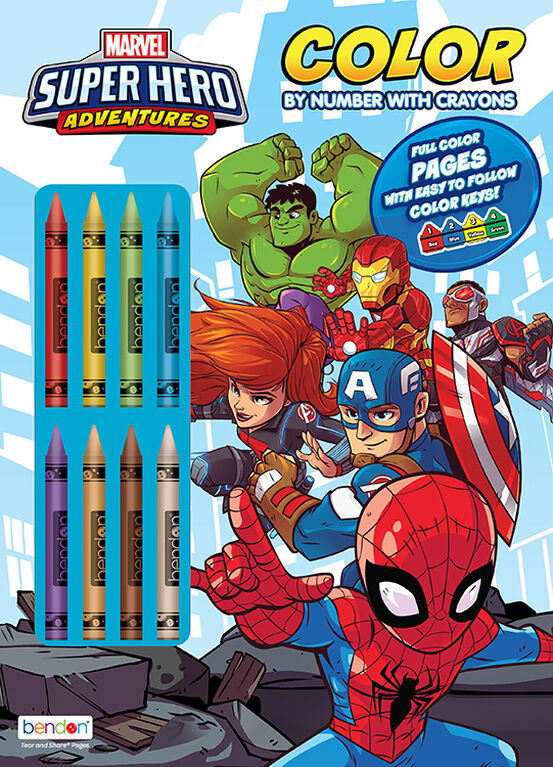 Livre de coloriage par numéros avec crayons de cire - Les super-héros - Édition anglaise