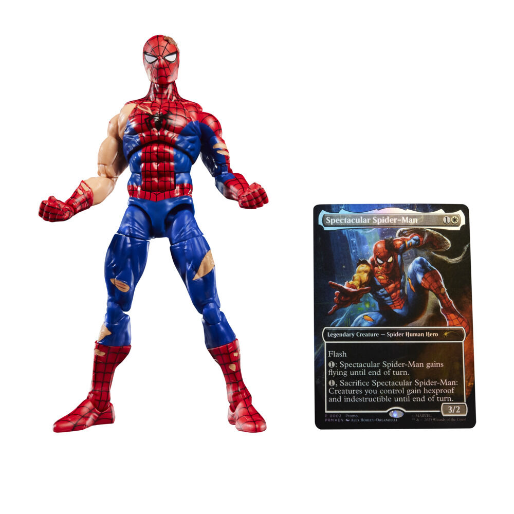 Marvel Legends Series Magic: The Gathering, figurine Spider-Man endommagé au combat avec carte premium exclusive