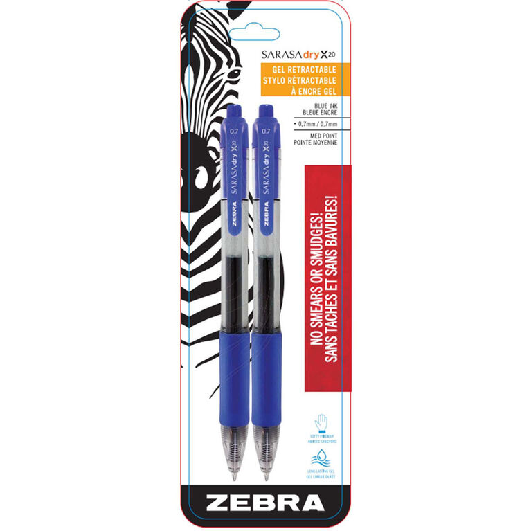 Stylo à encre gel rétractable Zebra Sarasa X20, encre bleu, paquet de 2