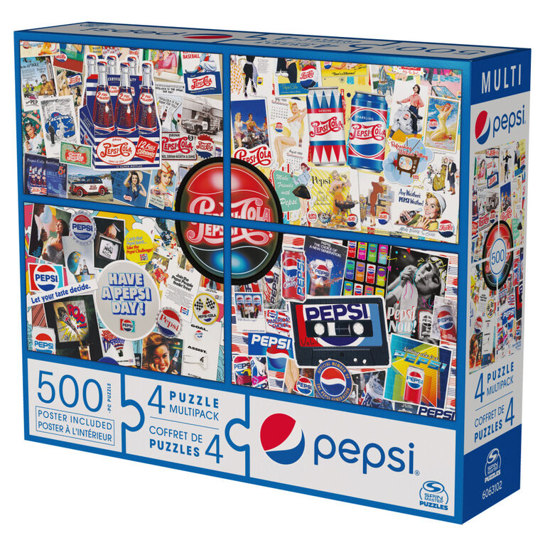 Pepsi, 500-Piece Jigsaw Puzzle Bundle of 4 Vintage Retro Wall Decor Soda Pop Cans Bottles Gift Set with Posters