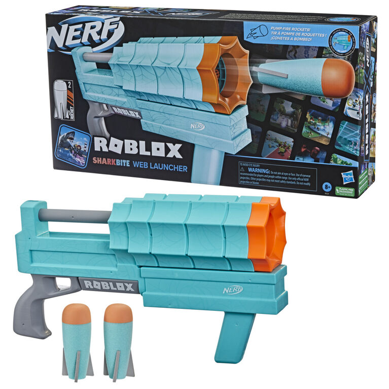 Nerf Roblox, blaster lance-roquette SharkBite: Web Launcher, inclut code pour objet virtuel exclusif, 2 roquettes Nerf, mécanisme à pompe