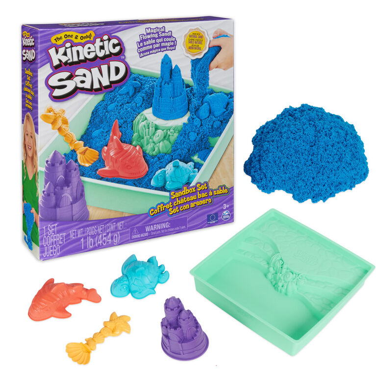 Kinetic Sand Sandbox Set, 1lb Blue Play Sand, Sandbox Storage, 4 Molds and Tools, Sensory Toys