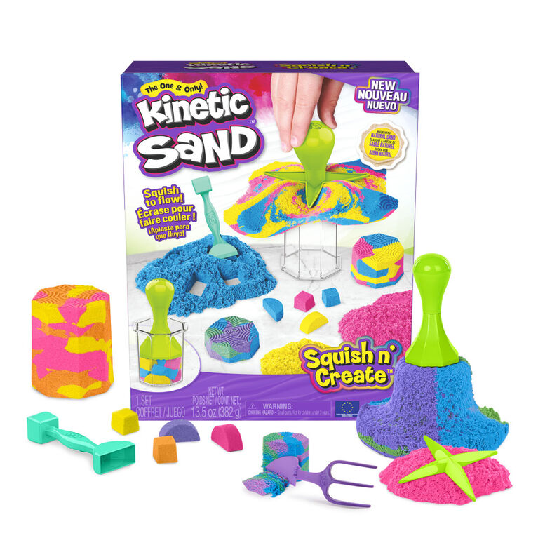 Kinetic Sand, Squish N' Create avec 382 g de sable à modeler bleu, jaune et rose, 5 outils