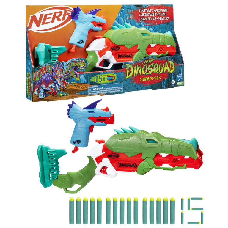 Nerf DinoSquad Combo Pack, 2 blasters Nerf aux designs de dinosaures exclusifs, 15 fléchettes en mousse Nerf Elite - Notre exclusivité