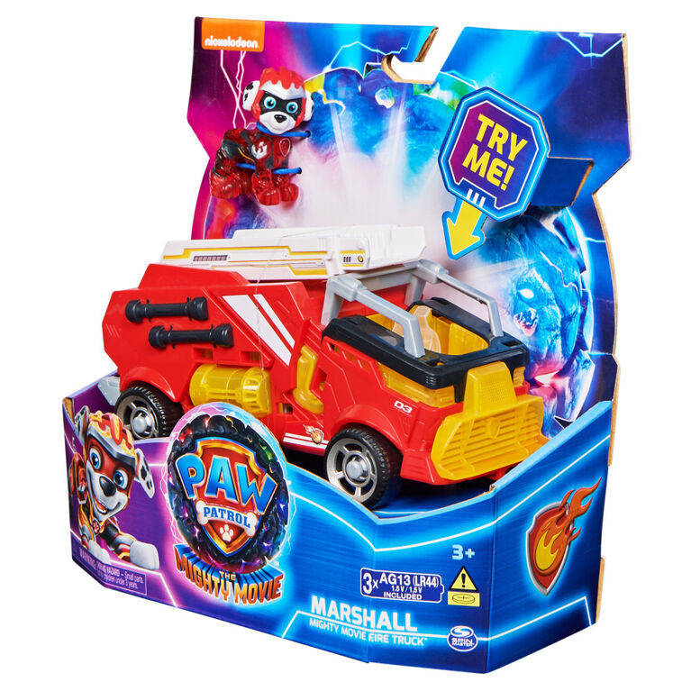 PAW Patrol : La Super Patrouille le film, Camion de pompier avec figurine articulée Marcus Super Patrouille, sons et lumières