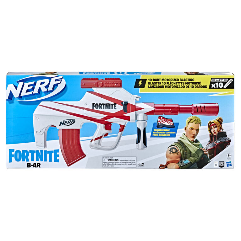 Nerf Fortnite, blaster B-AR motorisé, revêtement Convergence, chargeur 10 fléchettes