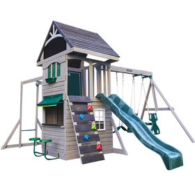 KidKraft Ensemble de jeu en bois River Canyon avec toboggan, balançoire tandem et barres de singe