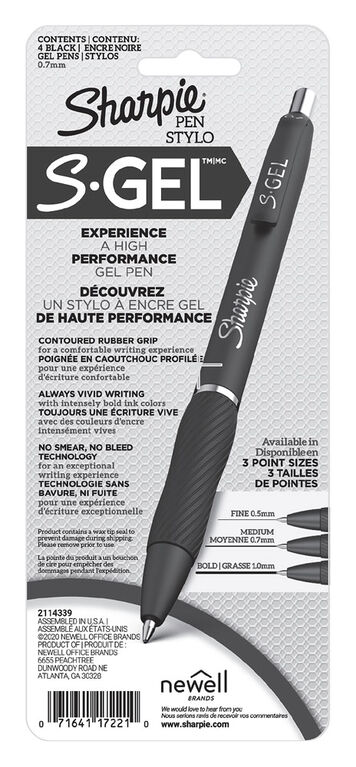 Stylos gel Sharpie S-Gel, pointe moyenne (0,7 mm), stylo gel à encre noir, 8 unités