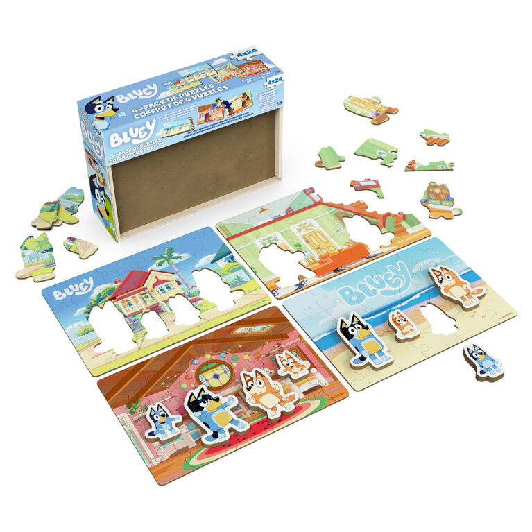 Bluey, 4-Pack of Wooden Puzzles with Bingo, Mum, and Dad Characters, 24 Piece Jigsaw Toy Gift Set