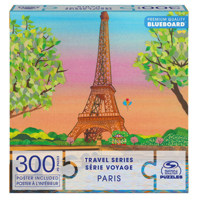 Spin Master Puzzles, Paris France 300-Piece Jigsaw Blueboard Puzzle Eiffel Tower Sunset Travel Series with Poster