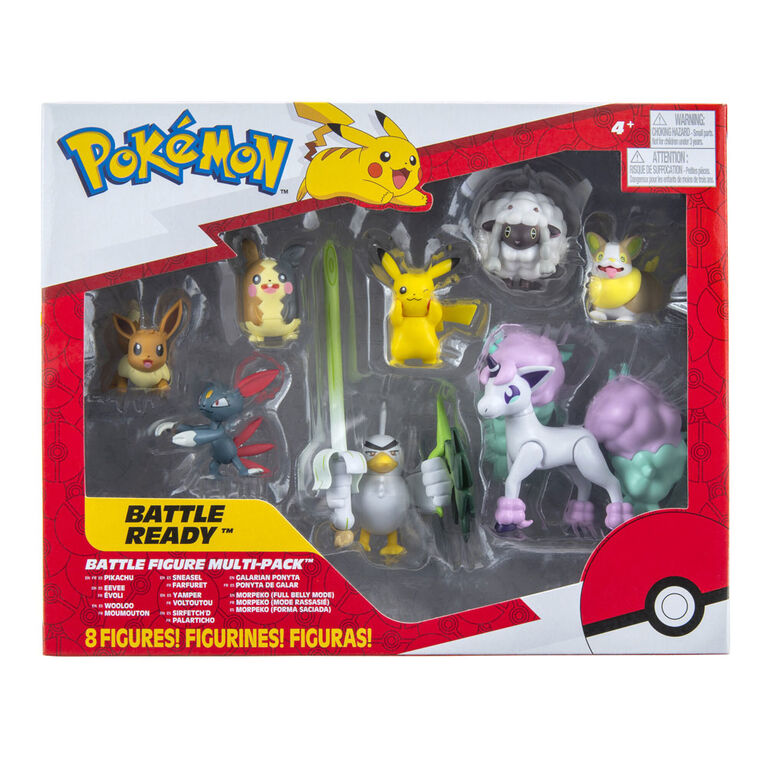 Pok&eacute;mon - Multipaquet de figurines de combat - Pikachu, &Eacute;voli (Eevee), Moumouton (Wooloo), Farfuret (Sneasel), Voltoutou (Yamper), Plaritcho (Sirfetch'd), Ponyta de Galar (Galarian Ponyta) et Morpeko (mode ventre gonfl&eacute;)