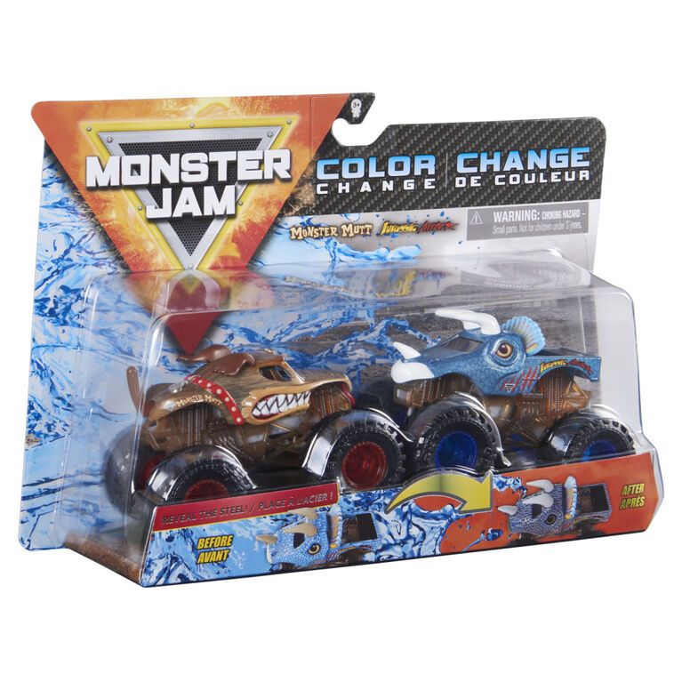 Monster Jam, Official Monster Mutt Vs. Jurassic Attack Color-Changing Die-Cast Monster Trucks, 1:64 Scale
