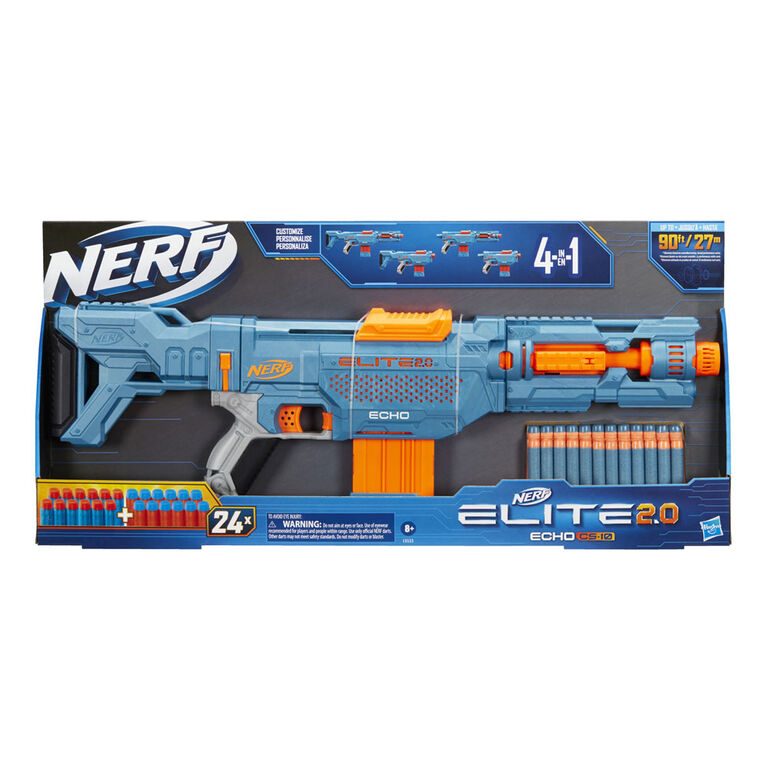 Nerf Elite 2.0, blaster Echo CS-10, 24 fléchettes Nerf, chargeur 10 fléchettes, crosse amovible et rallonge de canon, 4 rails tactiques