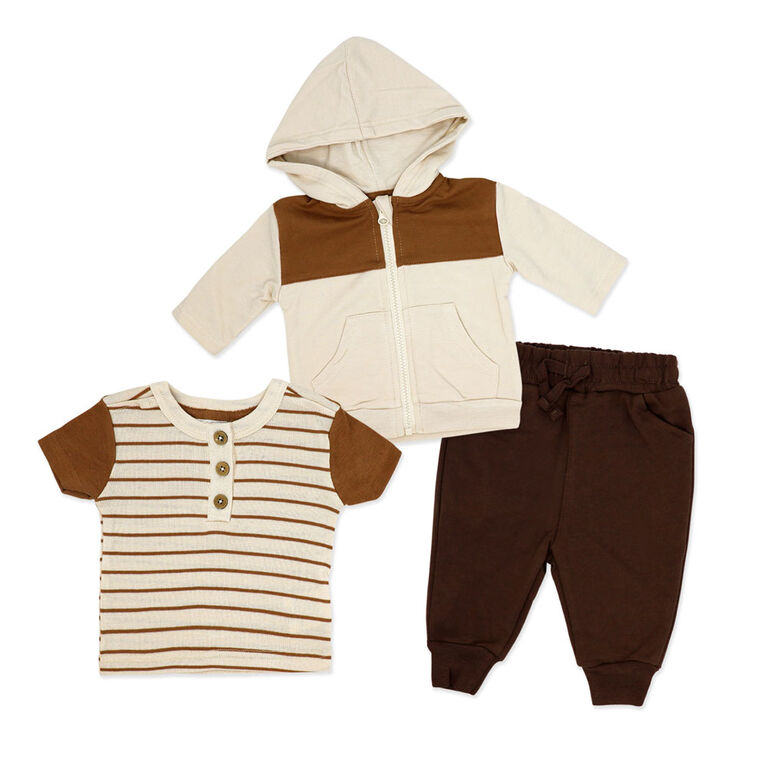 Baby Mode 3 Piece French Terry Jogger Set: Brown Stripe 18M