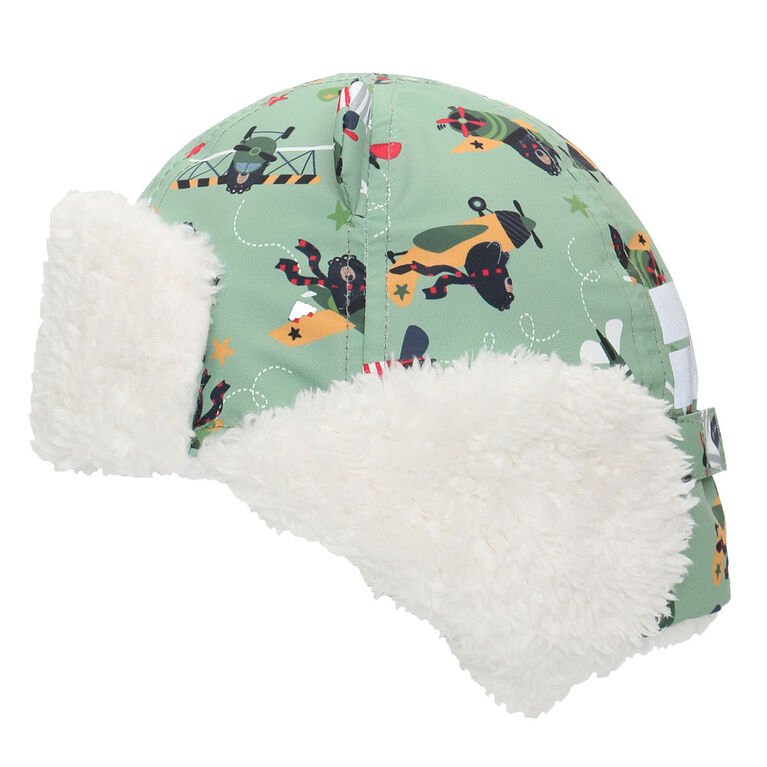FlapJackKids - Baby, Toddler, Kids, Boys - Water Repellent Trapper Hat - Sherpa Lining - Black Bear/Green- Large 4-6 years