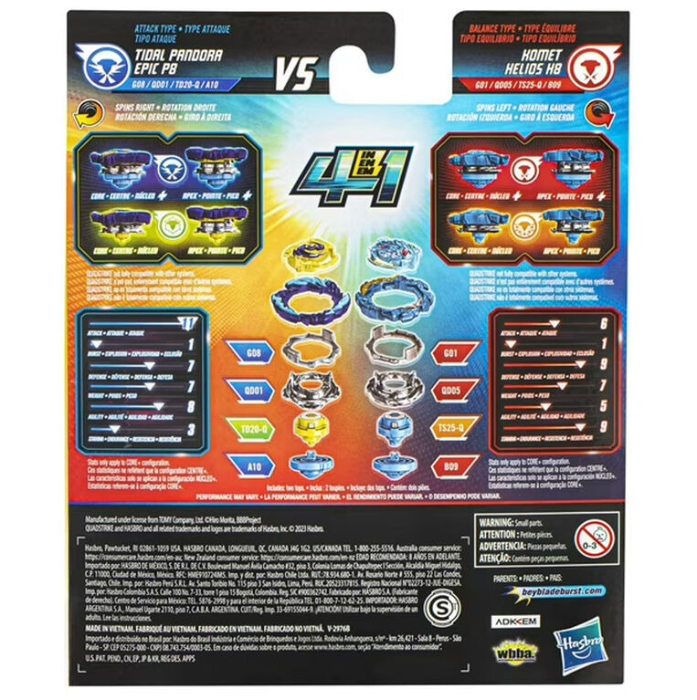 Beyblade Burst QuadStrike Komet Helios H8 and Tidal Pandora Epic P8 Spinning Top Dual Pack, Battling Game Top Toy