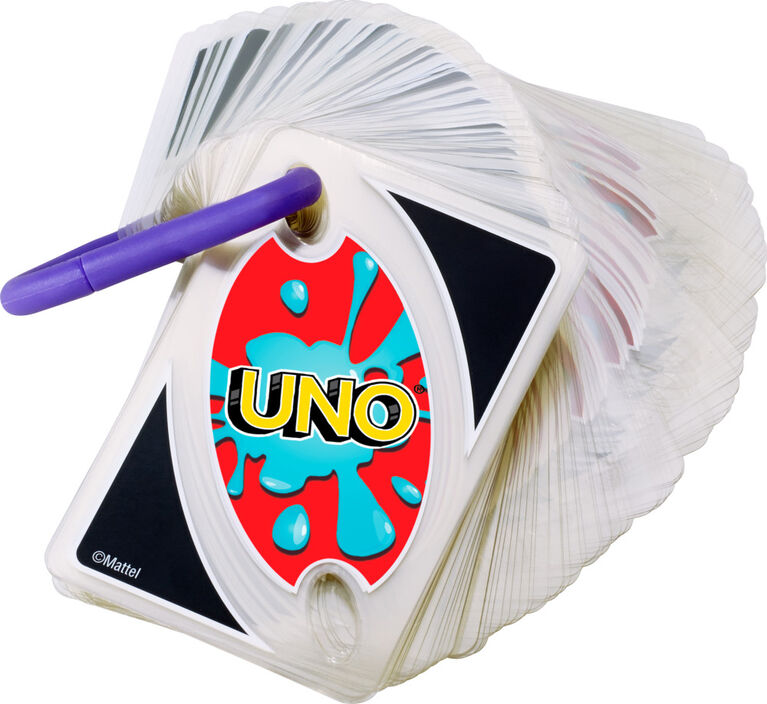 Jeu de cartes UNO Splash portatif avec cartes en plastique imperméables et agrafe