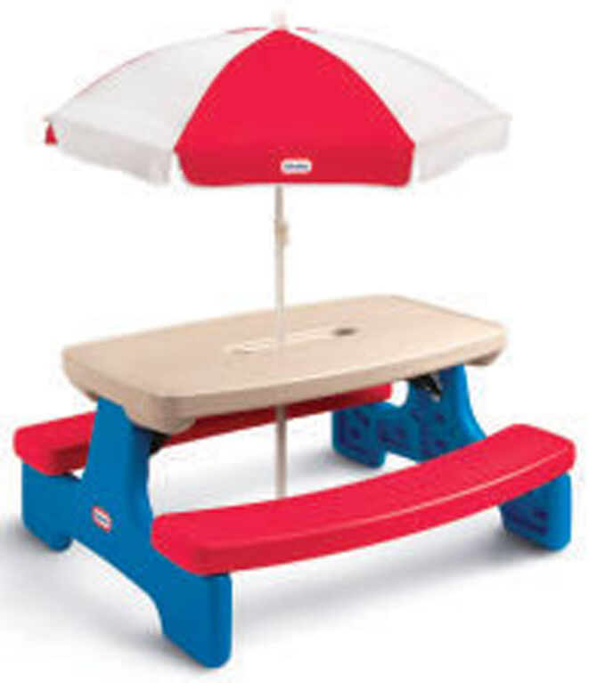 Little Tikes - Easy Store - Grande table de pique-nique bleu et rougue avec parasol