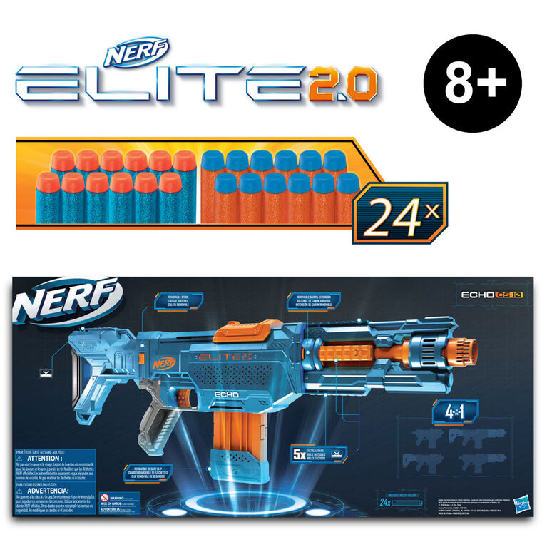 Nerf Elite 2.0, blaster Echo CS-10, 24 fléchettes Nerf, chargeur 10  fléchettes, crosse amovible et rallonge de canon, 4 rails tactiques