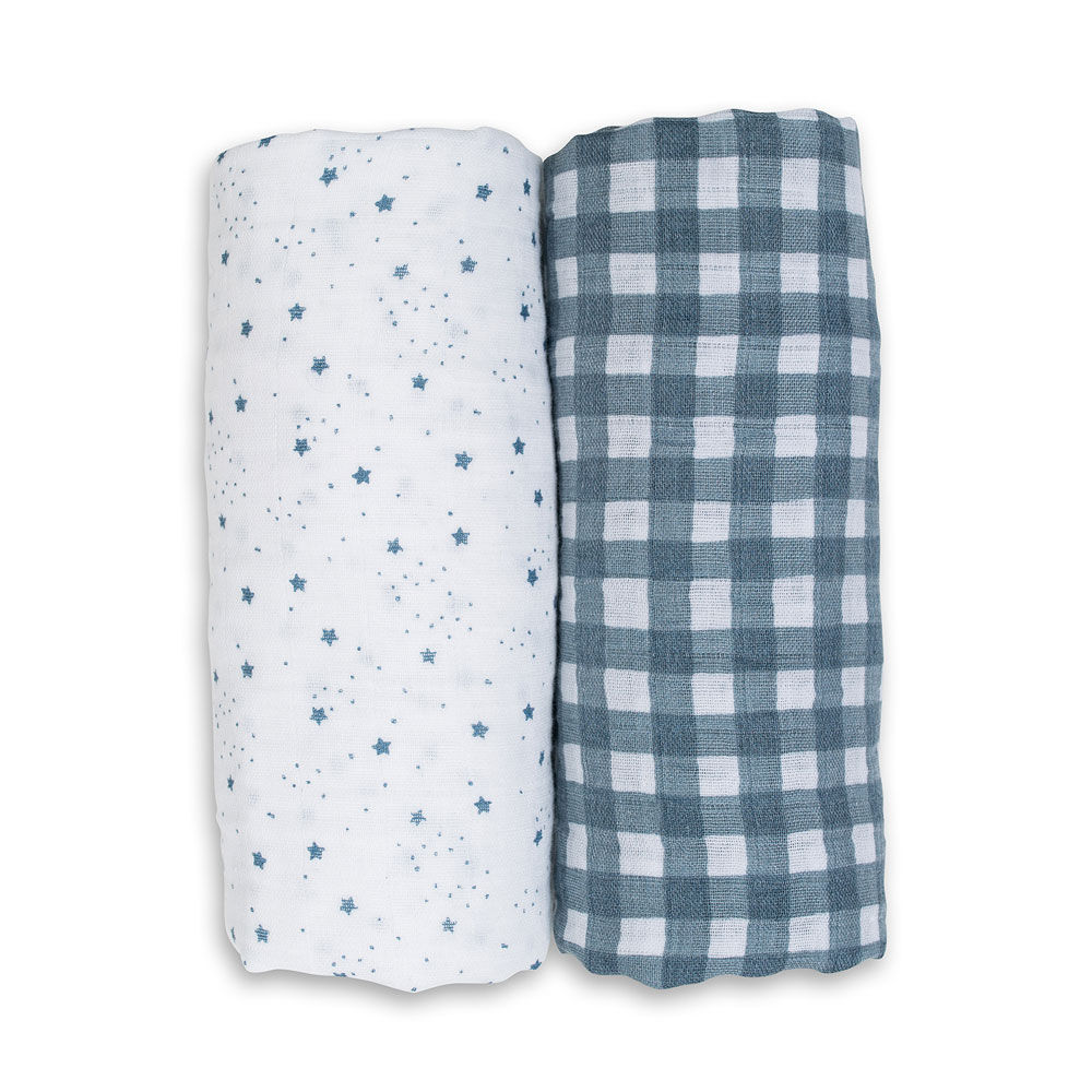 Lulujo - Cotton Muslin Swaddles 2 Pack - Stars + Gingham