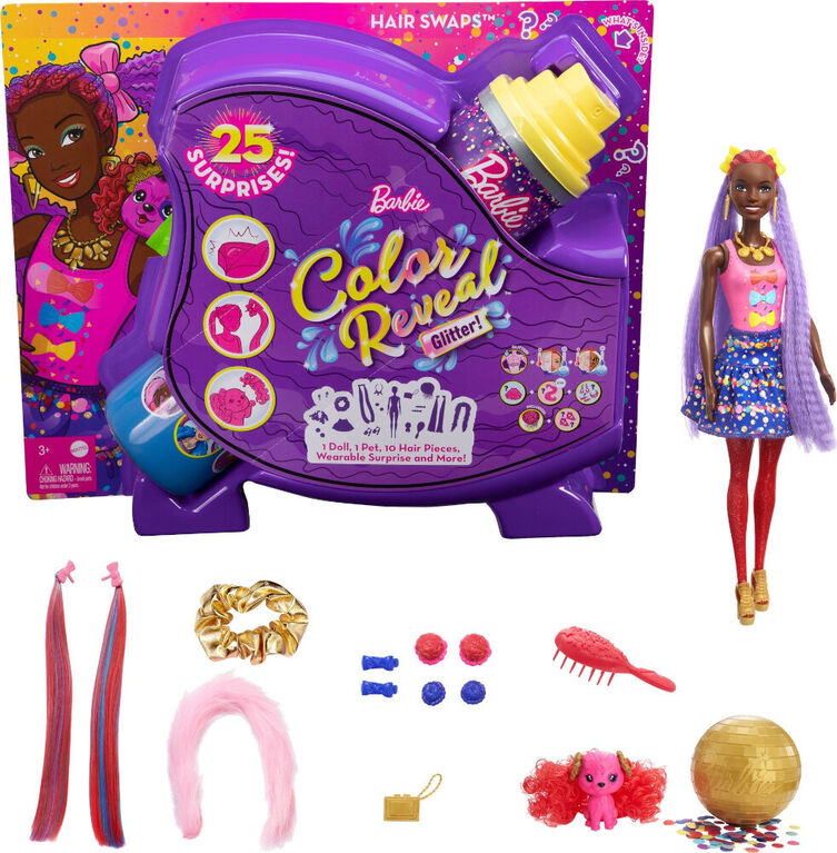 ​Barbie Color Reveal Glitter! Hair Swaps Doll, Glittery Blue with 25 Hairstyling and Party-Themed Surprises