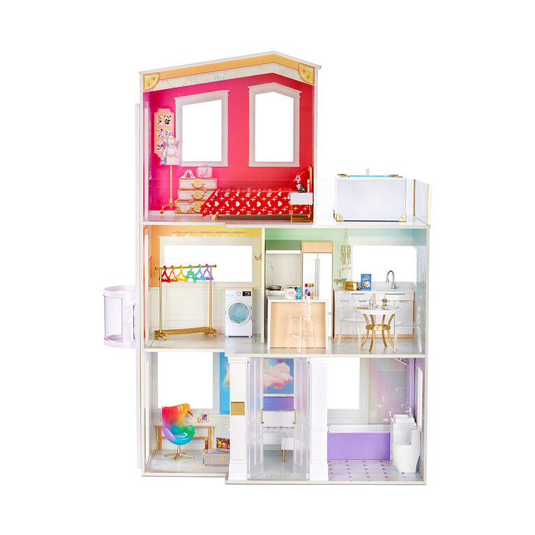 Jeu de maison Rainbow High - maison à 3 étages en bois pour poupée (mesurant 4 pi (1,21 m) de haut et 3 pieds (0,91 m) de large), entièrement meublée avec bain à remous, douche, évier, ascenseur fonctionnels et 50+ accessoires