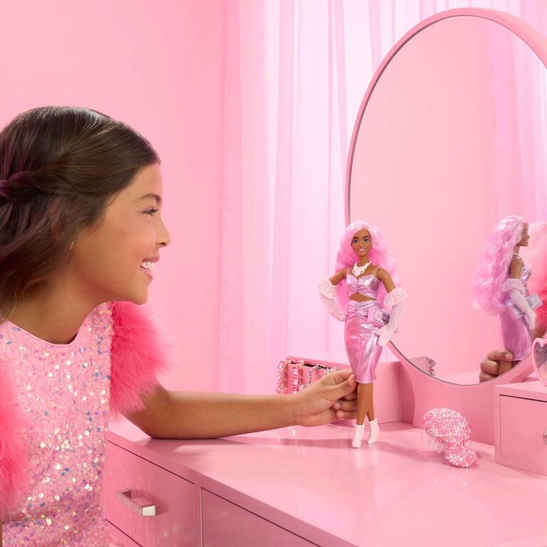 Barbie Deluxe Style Doll #1 in Glossy Pink Barbiecore Dress with Velvet Gloves, Pink Hair