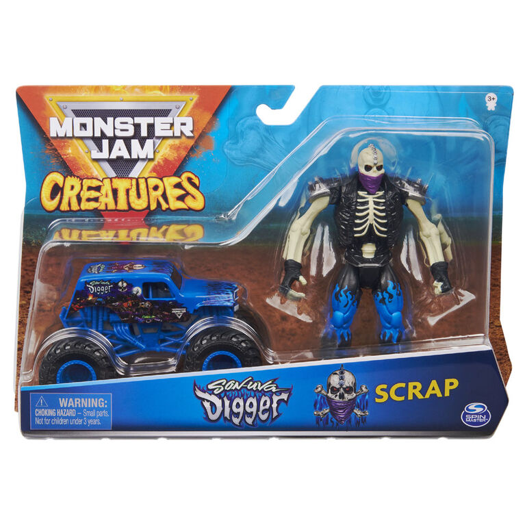 Monster Jam, Coffret Monster truck Son-uva Digger à l'échelle 1:64 officiel et figurine articulée Scrap Creatures de 12,7 cm