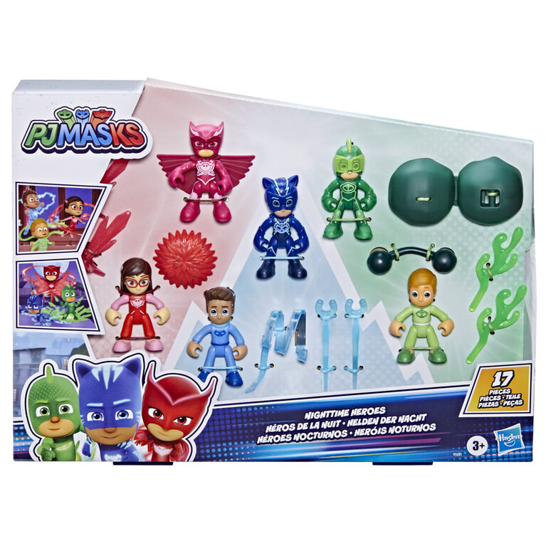 PJ Masks Nighttime Heroes Figure Set Preschool Toy, 6 Action Figures and 11 Accessories