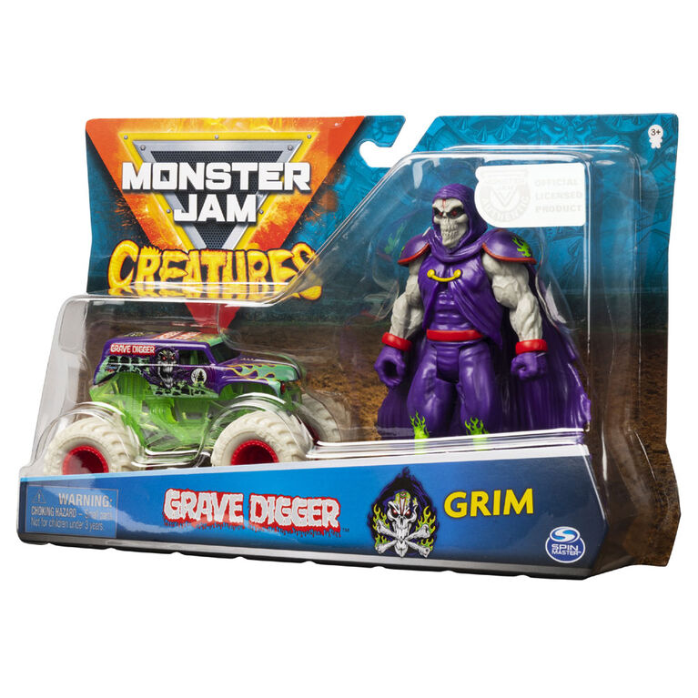 Monster Jam, Coffret Monster truck Grave Digger à l'échelle 1:64 officiel et figurine articulée Grim Creatures de 13 cm