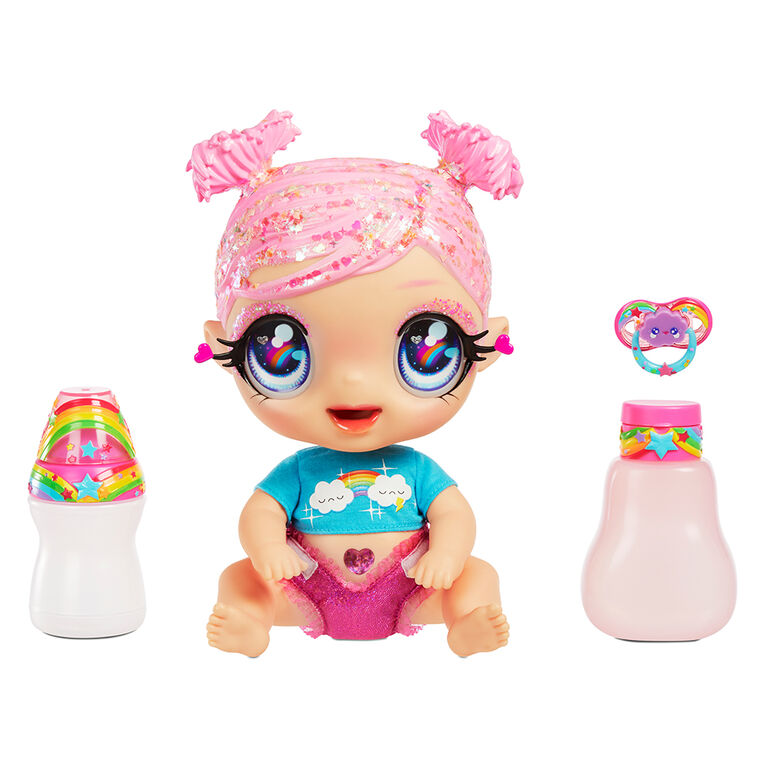 GLITTER BABYZ Dreamia Stardust Baby Doll with 3 magical color changes/ pink hair doll with rainbow outfit and reusable diaper, bottle and pacifier