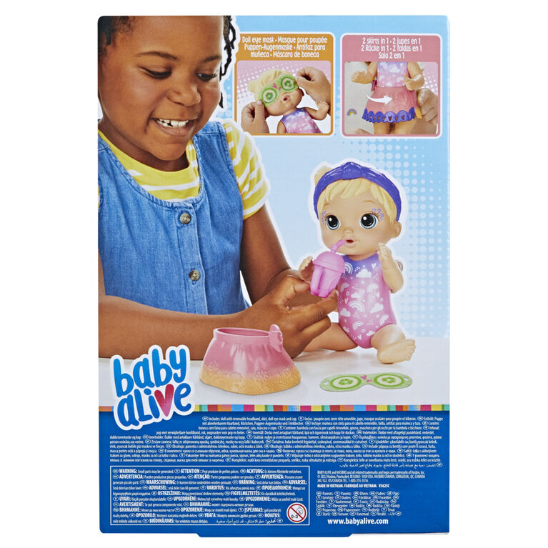 Baby Alive Bébé au spa Arc-en-ciel, poupée de 22,5 cm aux cheveux blonds, thème spa, masque pour poupée et biberon